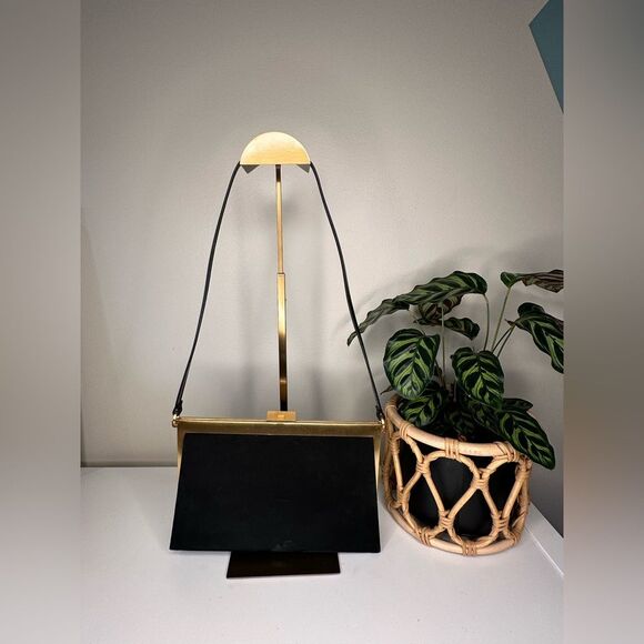 Vintage Charles Jourdan Black Suede Frame Bag Gold Hardware Clutch Leather Strap - Picture 2 of 10